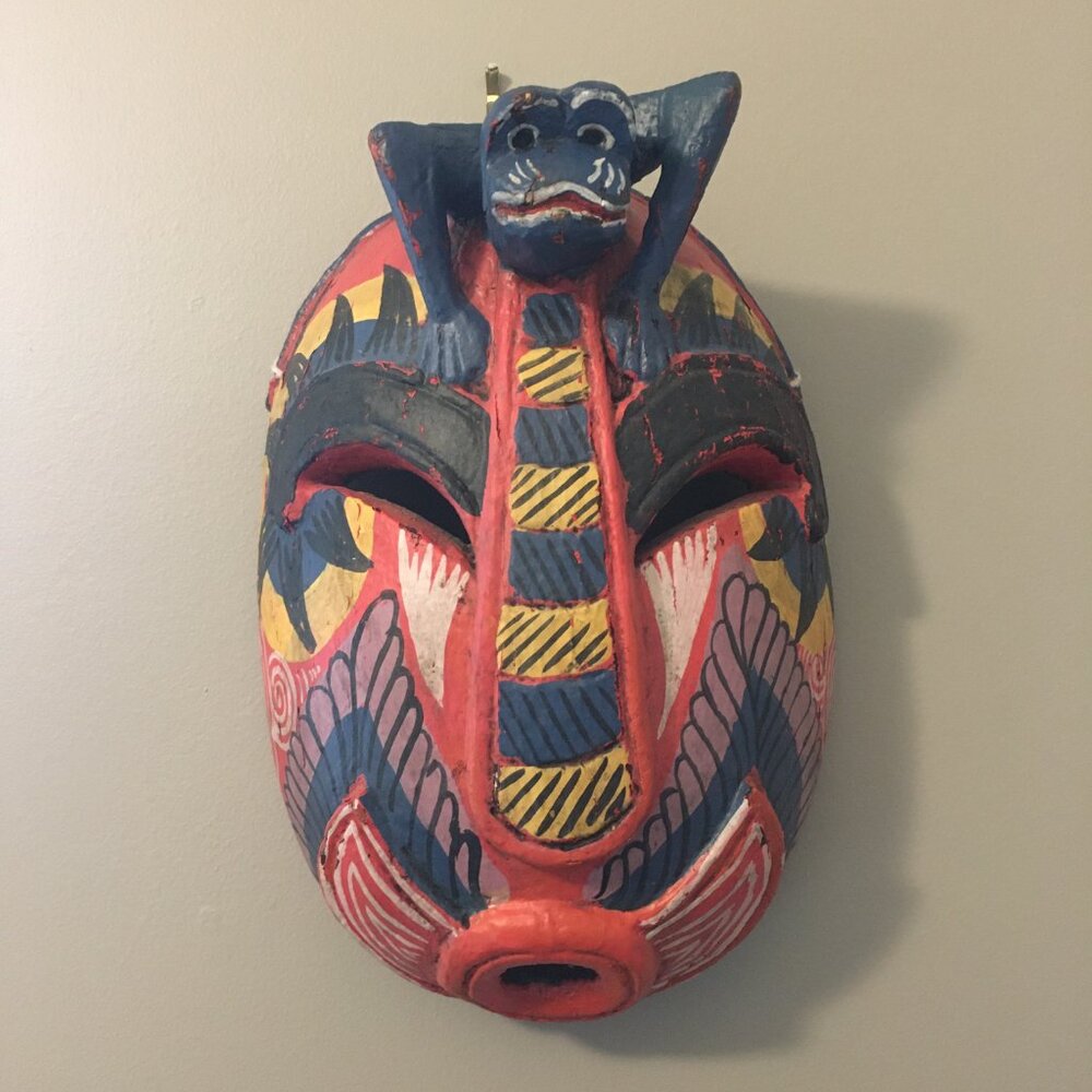 Vintage 70s Mexican Guerrero Wood Mask Blue Frog Hand Carved Folk Art